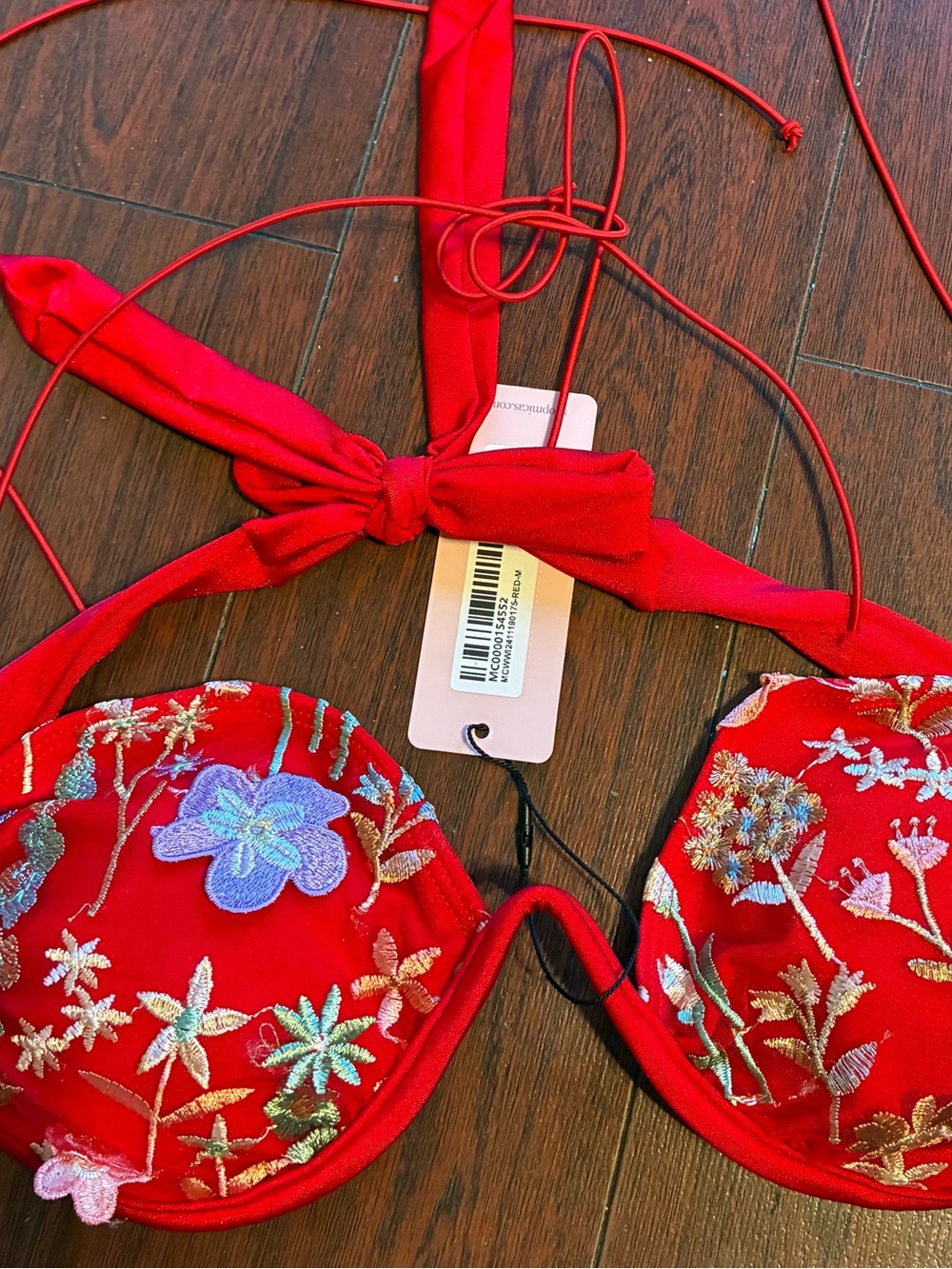 Red Embroidered Floral Bikini Top - Women Swim Bikini